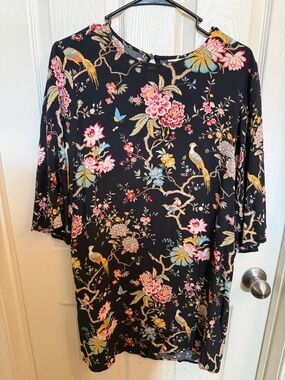 Black Floral & Bird Print Long Sleeve Dress - Feminine Fit